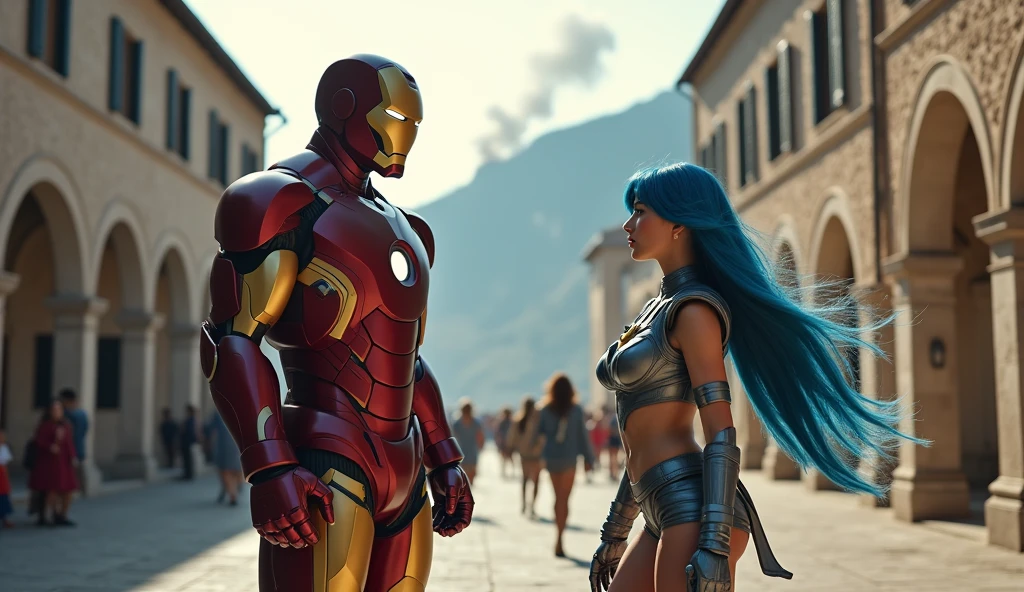 iron man on the montenegro old town area square (masterpiece), (best quality), realistic, cinematic light, Mizuno Ami, Sailor Mercury, stand, battlefield background, perfect body, blue hair, uniform