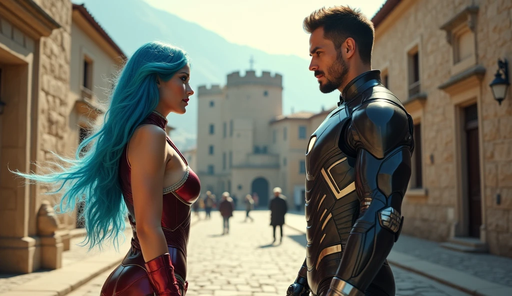 iron man on the montenegro old town area square (masterpiece), (best quality), realistic, cinematic light, Mizuno Ami, Sailor Mercury, stand, battlefield background, perfect body, blue hair, uniform