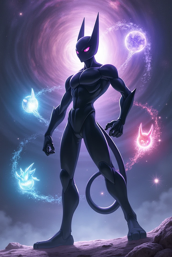 Pokemon Mewtwo in its supreme black form, with other forms.