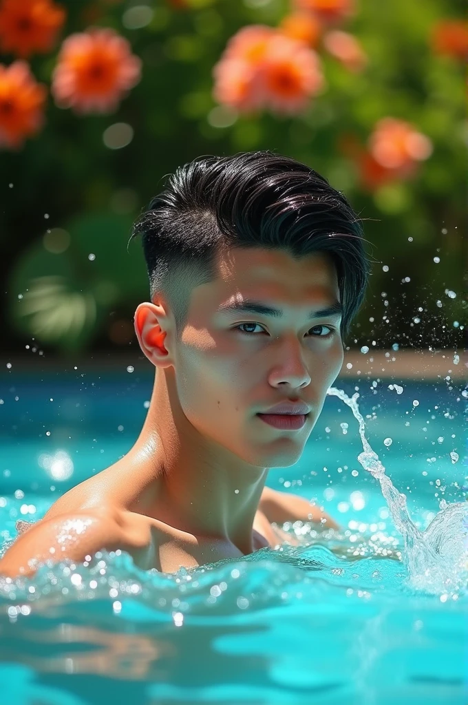 good looking male Black Hair Mushroom cut swimming