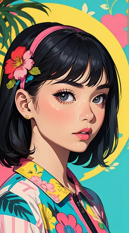 Create digital artwork in pop art, Featuring a bright and confident young asian girl，Street fashion, Movie Color Scheme, Surrounded by vintage floral motifs, Bright brush strokes,Emotions should be dynamic, upper-body, Drawing, illustartion, Grayscale, tropical, lots of flowers,