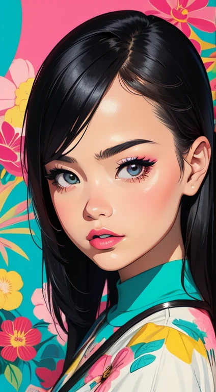 Create digital artwork in pop art, Featuring a bright and confident young asian girl，Street fashion, Movie Color Scheme, Surrounded by vintage floral motifs, Bright brush strokes,Emotions should be dynamic, upper-body, Drawing, illustartion, Grayscale, tropical, lots of flowers,