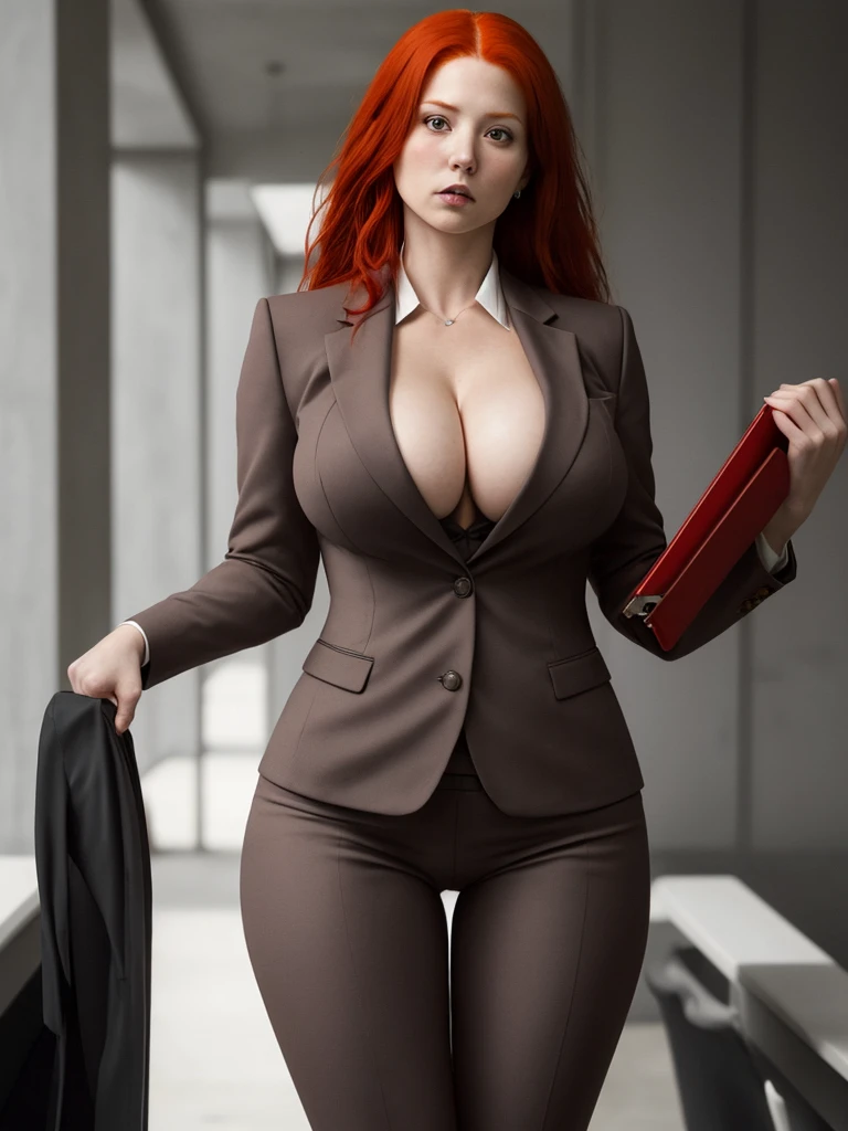 red-haired women with slightly big breasts and a big butt holding a wip and staring at the camera condensendingly. She's wearing a business suit.