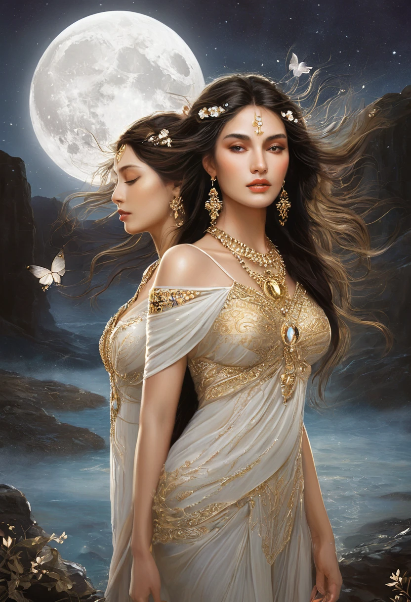 Two goddesses stand side by side in a mystical, moonlit landscape. Lilith, the embodiment of strength and independence, is depicted with dark, flowing hair and fierce eyes. She exudes an aura of power, her stance strong and commanding, surrounded by symbols of freedom and primal energy. Afrodite, the goddess of love and beauty, contrasts with a softer presence. Her golden hair cascades in waves, and her eyes radiate warmth and compassion. She is adorned with delicate flowers and jewels, her skin glowing softly under the moonlight. Together, they embody a perfect balance of passion and love, standing in harmony, their energies intertwining in the night air, blessing all who seek their guidance. The scene is a blend of elegance and raw power, capturing the essence of both goddesses in a harmonious and captivating image.