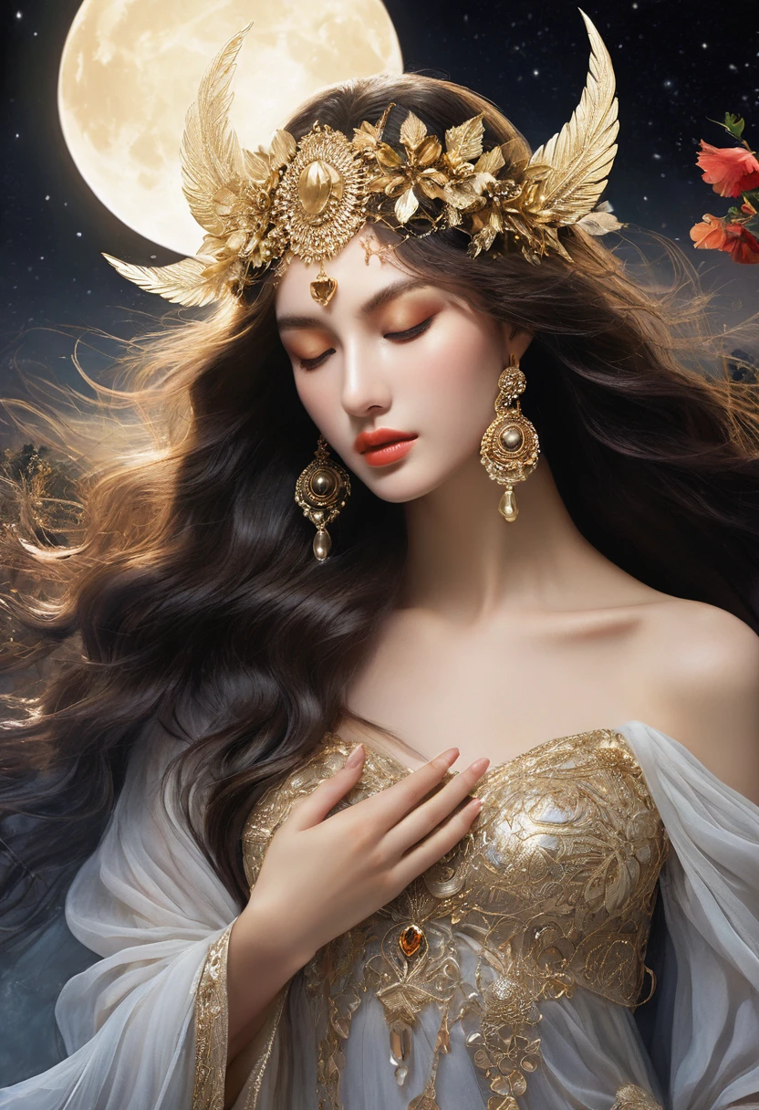 Two goddesses stand side by side in a mystical, moonlit landscape. Lilith, the embodiment of strength and independence, is depicted with dark, flowing hair and fierce eyes. She exudes an aura of power, her stance strong and commanding, surrounded by symbols of freedom and primal energy. Afrodite, the goddess of love and beauty, contrasts with a softer presence. Her golden hair cascades in waves, and her eyes radiate warmth and compassion. She is adorned with delicate flowers and jewels, her skin glowing softly under the moonlight. Together, they embody a perfect balance of passion and love, standing in harmony, their energies intertwining in the night air, blessing all who seek their guidance. The scene is a blend of elegance and raw power, capturing the essence of both goddesses in a harmonious and captivating image.