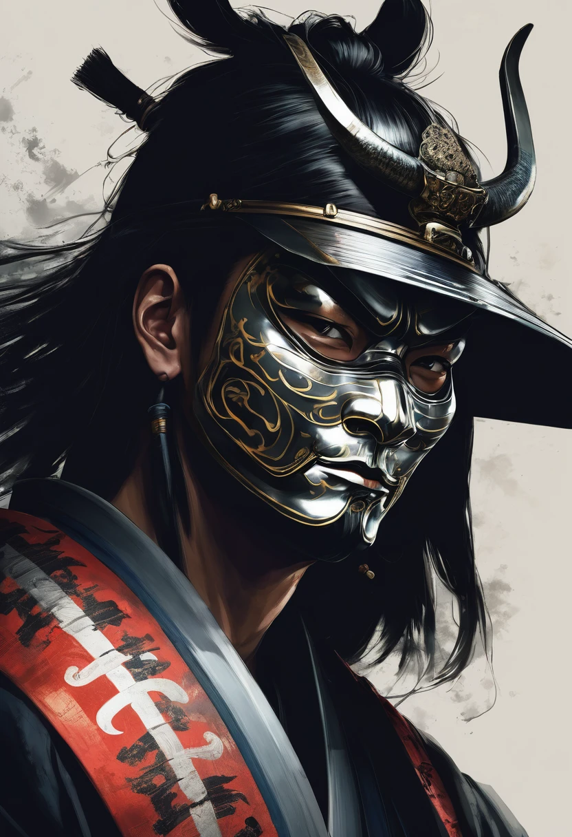 Samurai from the side, using a mask ,beautiful young man ,dark style with sword in one hand with a striking gaze