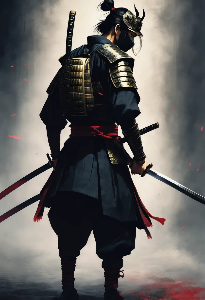 Samurai from the side, using a mask ,beautiful young man ,dark style with sword in one hand with a striking gaze