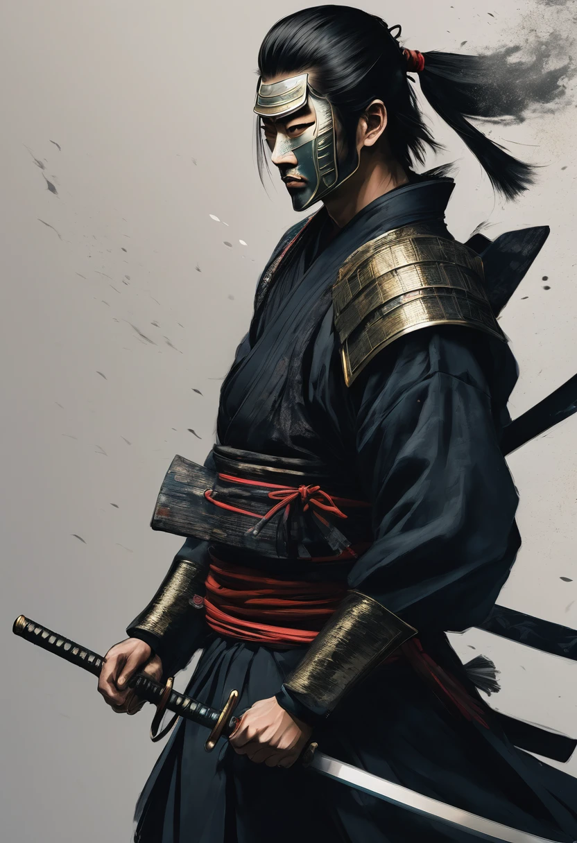 Samurai from the side, using a mask ,beautiful young man ,dark style with sword in one hand with a striking gaze
