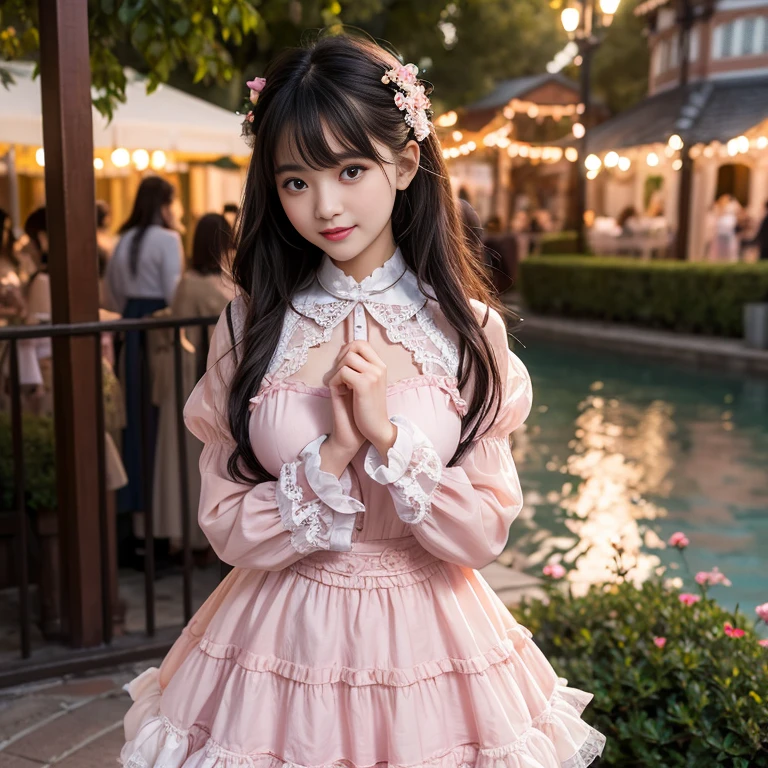 Side shot, , , 41 year old woman, Bow at the back of the waist, Skirt length to calf, cupcake dress, Layered skirt with lace on each layer, Wear a LOLITA, layered dress, Pink lolita skirt of lace, Long sleeve, Wide sleeves, Big skirt, layered lace skirt, Puff sleeves, Wideeves, Transparent sleeves, intricate details showcase the ruffles and intricate designs of the Lolita dress, Wearing ta dress, in the amusemek, at disneyland, best quality, Delicate face,beautiful visual work, lifelike, eternity, black hair, Long curly hair, blunt bangs, Smile, Detailed Background, Delicate face,blush,cold,((masterpiece))、(top quality)、8k、high detail、Super detailed,41-year-old female, masterpiece、born、Scenes resembling fairy tale illustrations、intricate details和複雜的設計、Beautifully、magic、capricious、 Beautifully、Dream aesthetics、「𝓡𝓸𝓶𝓪𝓷𝓽𝓲𝓬、ethereal、charming、fickle、magic」、realism、Visual effecXAA、SSAO、Shader、voiceless、ambient lighting、Tone mapping、High resolution、Ultra high quality、Million pixels、(8K resolution:1.10)、8k、8k以下、8K resolution、high detail、intricate details, (high quality:1.2、masterpiece:1.2、:1.21)、(41-year-old female:1.21)、(興奮地Smile)、(Surrounded by a dreamy atmosphere、Model diagram,full-body shot,Normal 2 feet,Put your hands behind you,The protrusion of the breast is visible when wearing clothese Breasts, H cup chest, pink clothes, Don'your fingers, full-body shot, full-body shot,full-body shot,full-body shot,full-body shot,full-body shot,full-body shot,full-body shot,hands hidden in clothes, hands hidden in clothes,hands hidden in clothes,hands hidden in clothes,hands hidden in clothes,hands hidden in clothes,hands hidden in clothes,hands hidden in clothes,hands hidden in clothes, ,hands hidden in sleeves ,hands hidden in sleeves ,hands hidden in sleeves ,hands hidden in sleeves ,hands hidden in sleeves ,hands hidden in sleeves ,hands hidden in sleeves ,hands hidden in sleeves, arms behind back, arms behind back, milf, mature women
