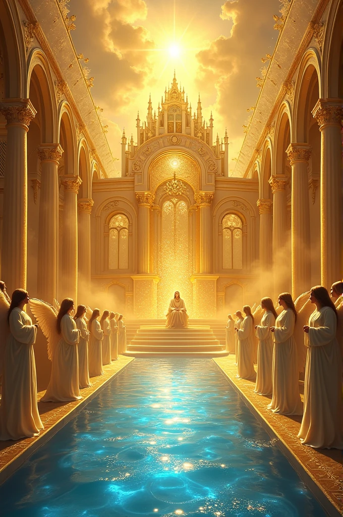 Arriving in Heaven, God on the throne and the angels around in the city of pure gold and a blue river
