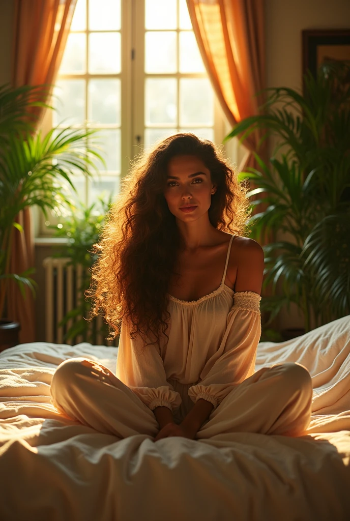 (photorealism:1.2), beautiful woman, sitting on bed, wearing loose off-shoulder top, pajama pants, long curly hair, indoors, soft lighting, plants in background, window with sunlight, cozy room, relaxed pose, realistic, intricate details, warm colors, by Greg Rutkowski, by Alphonse Mucha