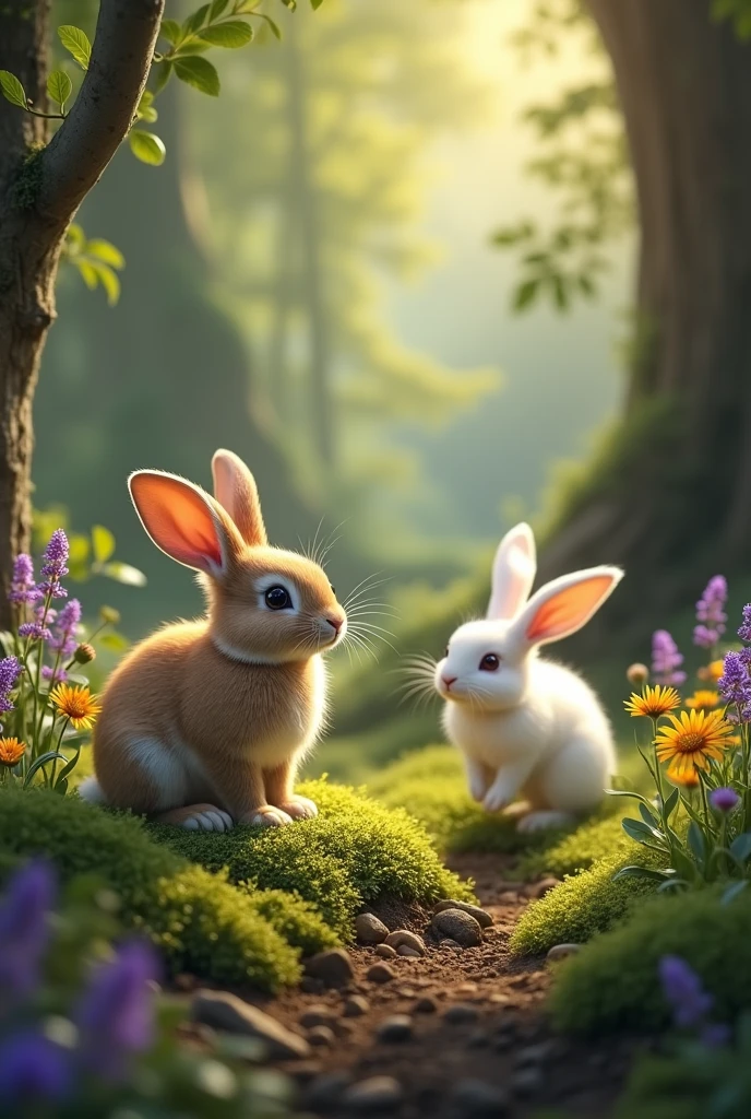 Generate an image of a rabbit and a bunny in the forest