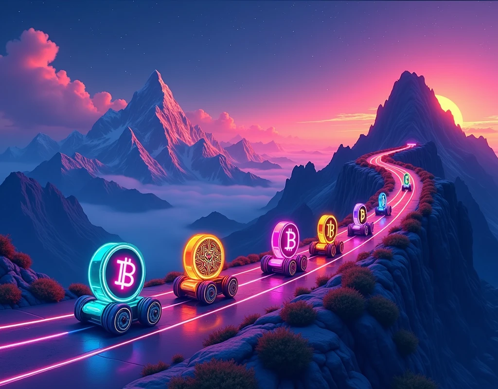different cryptocurrencies rolling on a road going up a mountain, drawing type, neon colors, High Definition
