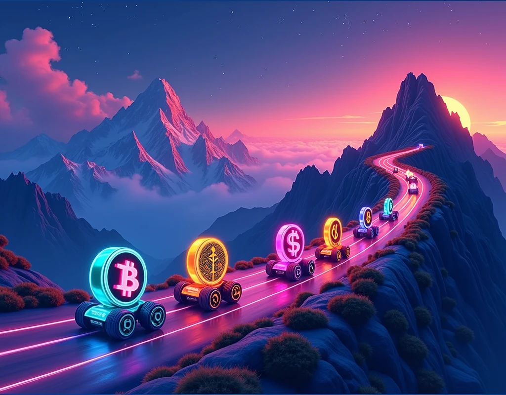 different cryptocurrencies rolling on a road going up a mountain, drawing type, neon colors, High Definition