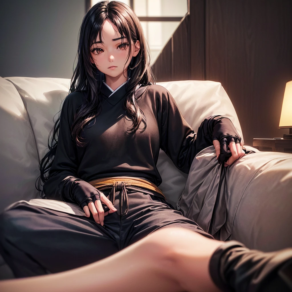 ((artwork)), ((best quality)), ((Japanese house living room background)), ((1 girl alone who was sitting on the sofa having long black wavy hair, dark skin, light brown eyes, thin eyebrows, defined chin, V-shaped face, wearing black sweatshirt with "Y/N" text on it, gray pants, black boots, fingerless gloves)) ((photorealistic, photorealistic: 1.37, best quality, 4k, 8k, high resolution, masterpiece: 1.2, ultra detailed, HDR, UHD, studio lighting, ultra fine painting, sharp focus, physically based rendering, extreme detail description, professional, vivid colors, bokeh))