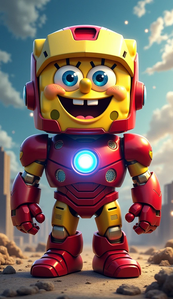 SpongeBob, in Iron Man's red and gold armor, stands confidently with his square face visible through the helmet. His wide, gleeful eyes sparkle with excitement, and his trademark, toothy grin stretches across his face, full of infectious joy. The arc reactor on his chest glows brightly, casting a warm light, but it’s his cheerful expression that truly shines. As he prepares for heroics, SpongeBob’s signature, carefree happiness adds a humorous yet heartfelt twist to the powerful armor, blending bravery with his unbreakable spirit of fun.
