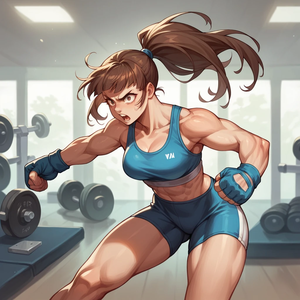 a girl in her early 20s with brown hair (in a ponytail), is in mma gear and workout gear and is training at a gym. she is punching with mma gloves on