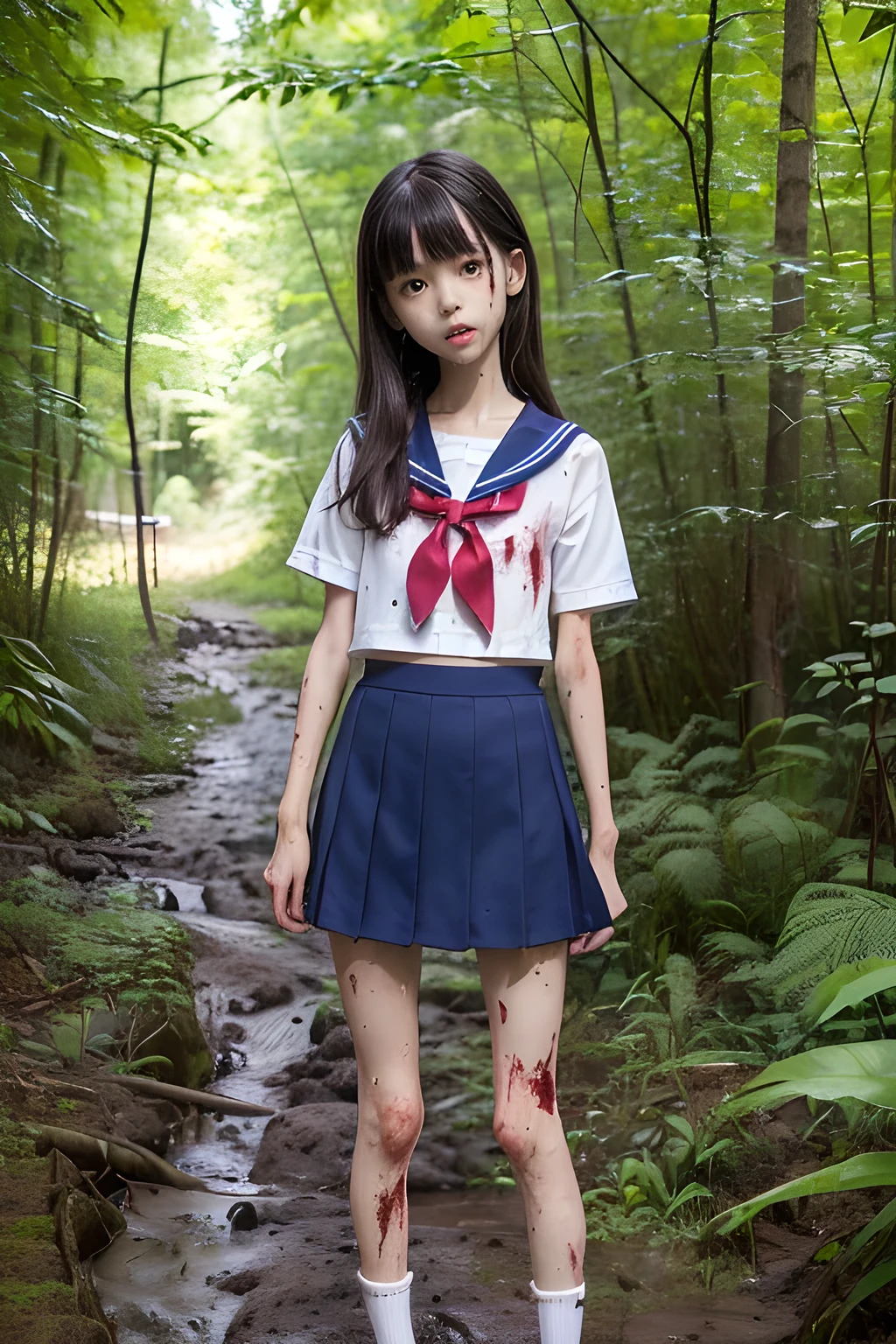 (8K、RAW Photos、highest quality、masterpiece:1.2), (Realistic、Photorealistic:1.2), (High resolution skin:1.1), Beautiful young girl,japanese, ,small breasts,(Slender girl:1.4),(Thin legs:1.5),dark blue mini skirt,sailor suit, (White high socks), Short sleeve,sneakers, whole body,forest,standing,(muddy:1.2),(wounds,bloody legs:1.3)