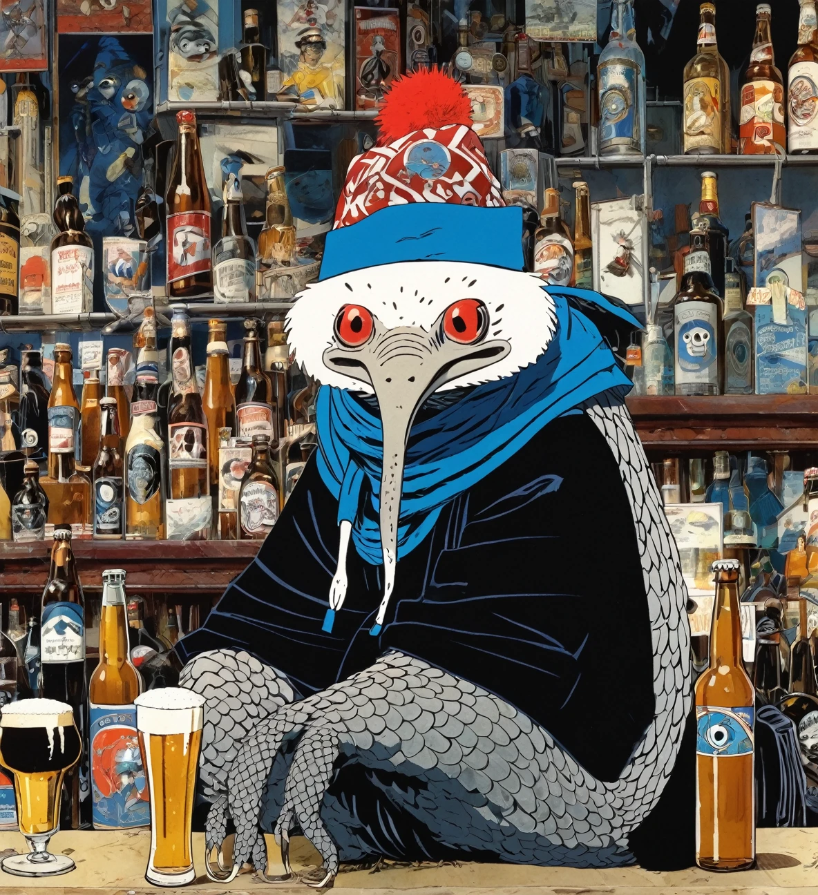 White Pangolins Shag Beetle, Circle Eye, Zig zag Mouth, Fez Hat, blue tracksuit, Black scarf, by Jamie Hewlett \(skchkko\), looking at viewer, angry and Revulsion, a beer at the bar