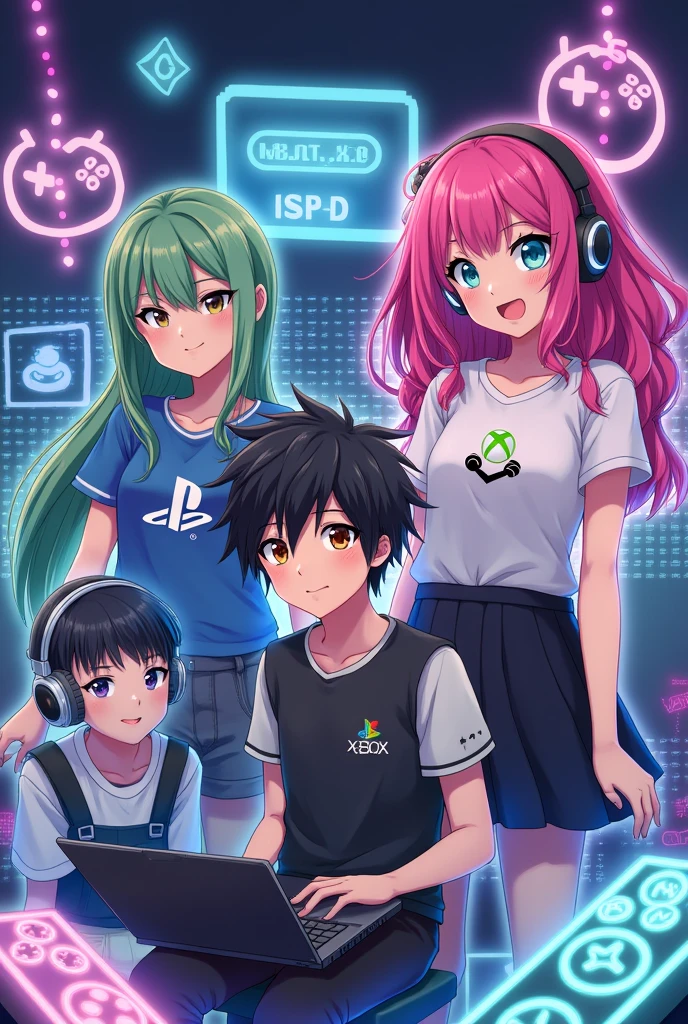 Une fille avec le logo Playstation, un garçon avec le logo Xbox, une fille avec le logo Nintendo, et un garçon avec le logo steam pourtant sur ses mains un ordinateur portable et un casque sur la tête anime