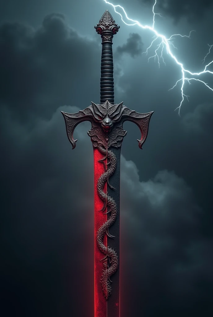 Red and black sword with a dragon symbol