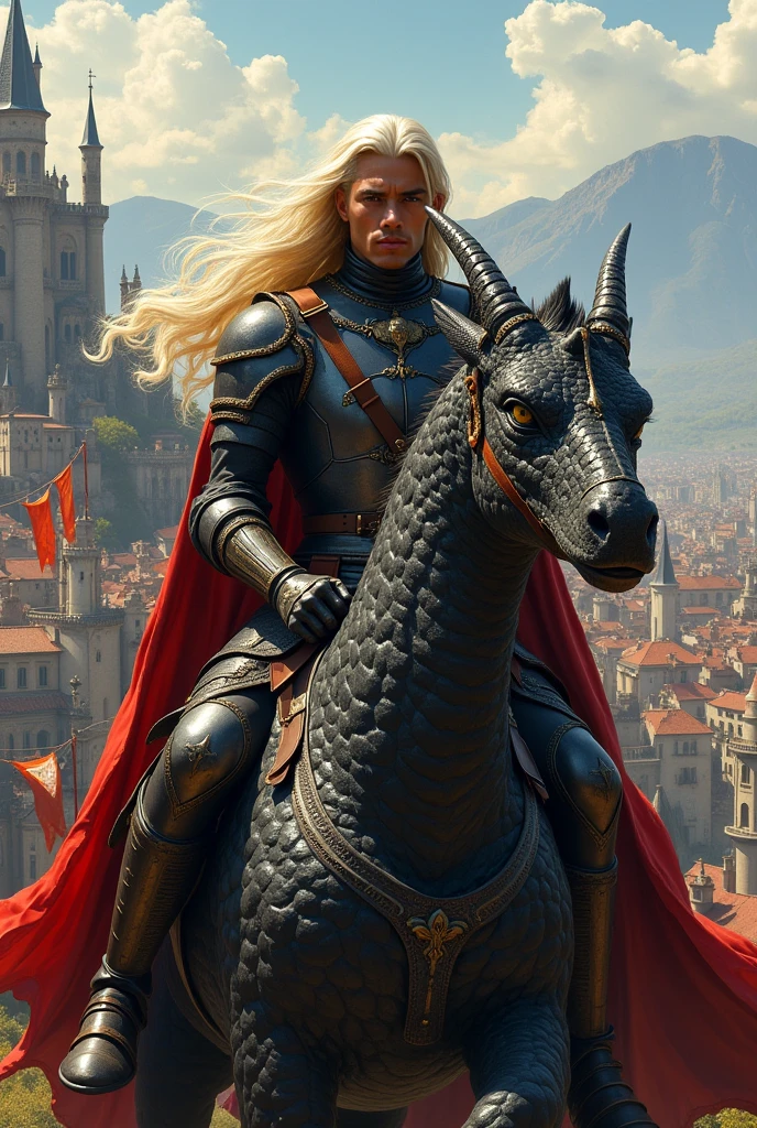 Light-skinned Black man, Youngh.handsome and strong. With long platinum hair, Wearing black and red medieval armor. Riding a large, dark gold dragon looking at the medieval city