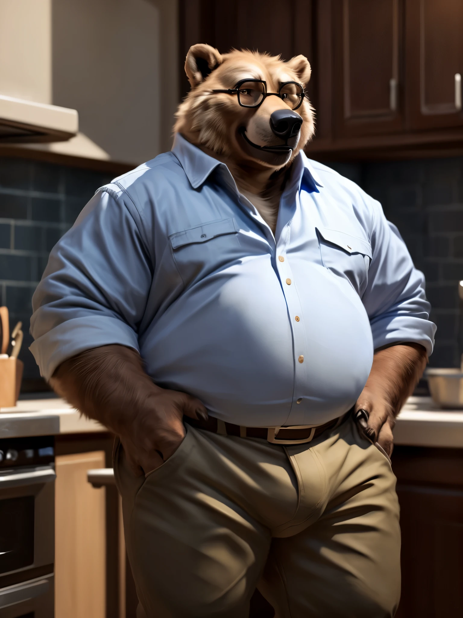 Grizzly Bear, Male, Solo, blue button up, tight khaki trousers, thick thighs, warm smile, bright sunlight, tight bulge, claws, fur, wearing eye glasses, kitchen background, wide hips, hands on hips, looking at viewer, fat, chubby, tired eyes, grandpa, grey muzzle, grey eyebrows, (Photorealistic, Realistic shadows, depth of field, Wide Dynamic Field, Full Body Shot), (by null-ghost, by Chunie, by darkgem)