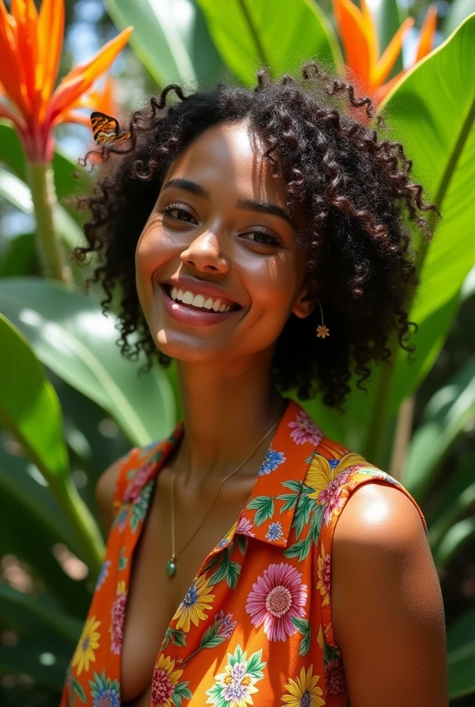 A Brazilian woman in a lush tropical garden, wearing an open shirt with a floral print, with a close-up capturing the harmonious beauty between her breasts and the natural flowers, showing off your natural charm and outgoing personality.