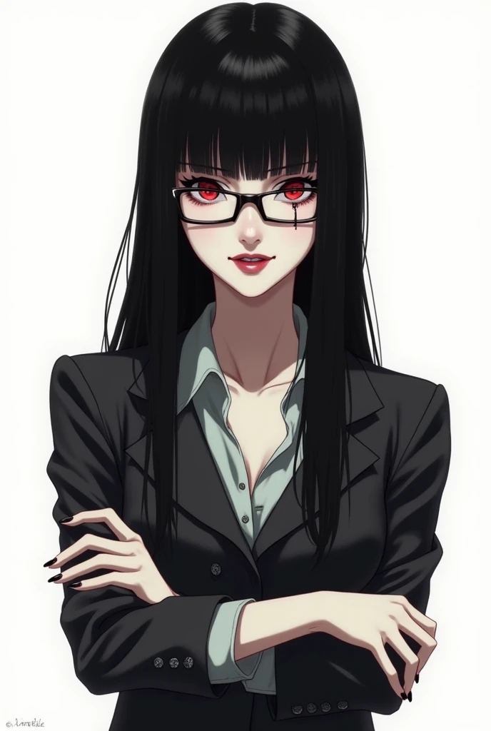 High quality, mean, beautiful woman face, sadistic smile, square glasses, dominant, red eyes, anime style, long black straight hairs with bangs, pale fair skin, crossing arms, white backgrounds, scary, no eyes glowing, horror, cold, bloodless, smiling face,
