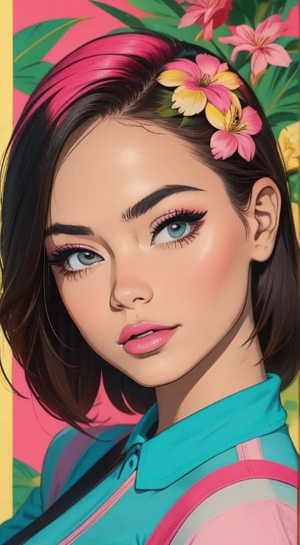 Create digital artwork in pop art, Featuring a bright and confident young asian girl，Street fashion, Movie Color Scheme, Surrounded by vintage floral motifs, Bright brush strokes,Emotions should be dynamic, upper-body, Drawing, illustartion, Grayscale, tropical, lots of flowers,