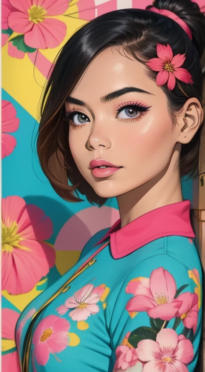 Create digital artwork in pop art, Featuring a bright and confident young asian girl，Street fashion, Movie Color Scheme, Surrounded by vintage floral motifs, Bright brush strokes,Emotions should be dynamic, upper-body, Drawing, illustartion, Grayscale, tropical, lots of flowers,