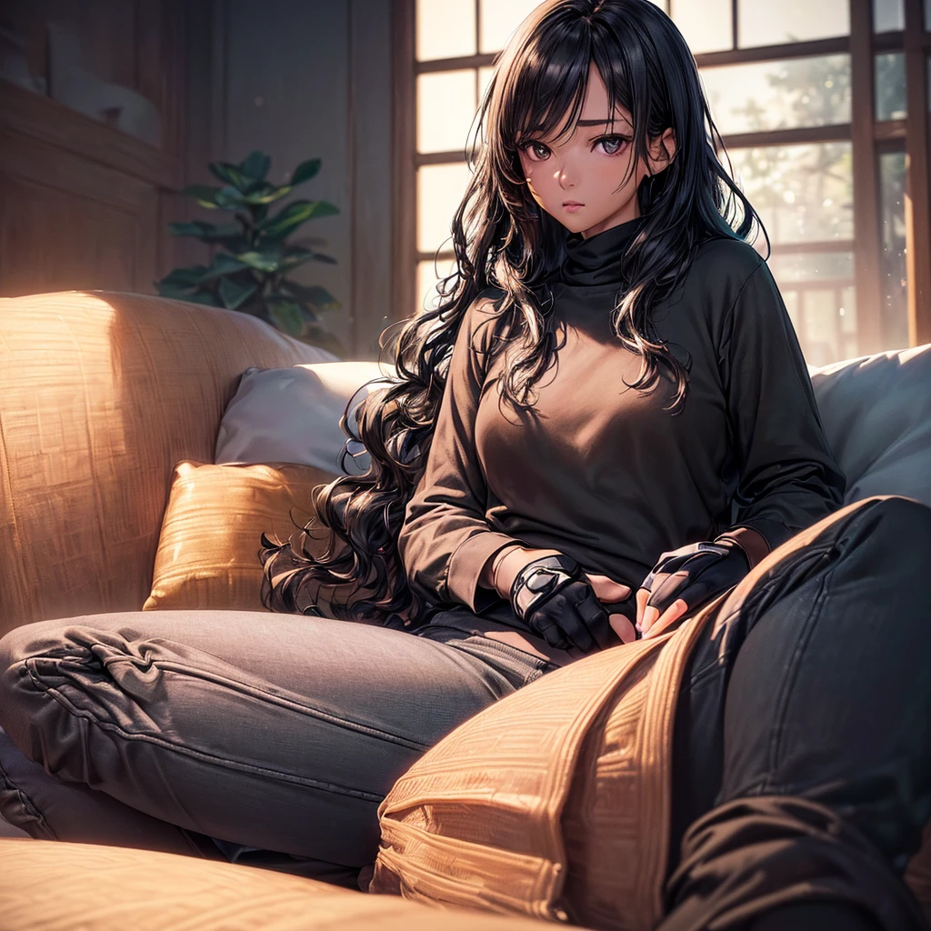 ((artwork)), ((best quality)), ((Japanese house living room background)), ((1 girl alone who was sitting on the sofa having long black wavy hair, dark skin, light brown eyes, thin eyebrows, defined chin, V-shaped face, wearing black sweatshirt with "Y/N" text on it, gray pants, black boots, fingerless gloves)) ((photorealistic, photorealistic: 1.37, best quality, 4k, 8k, high resolution, masterpiece: 1.2, ultra detailed, HDR, UHD, studio lighting, ultra fine painting, sharp focus, physically based rendering, extreme detail description, professional, vivid colors, bokeh))