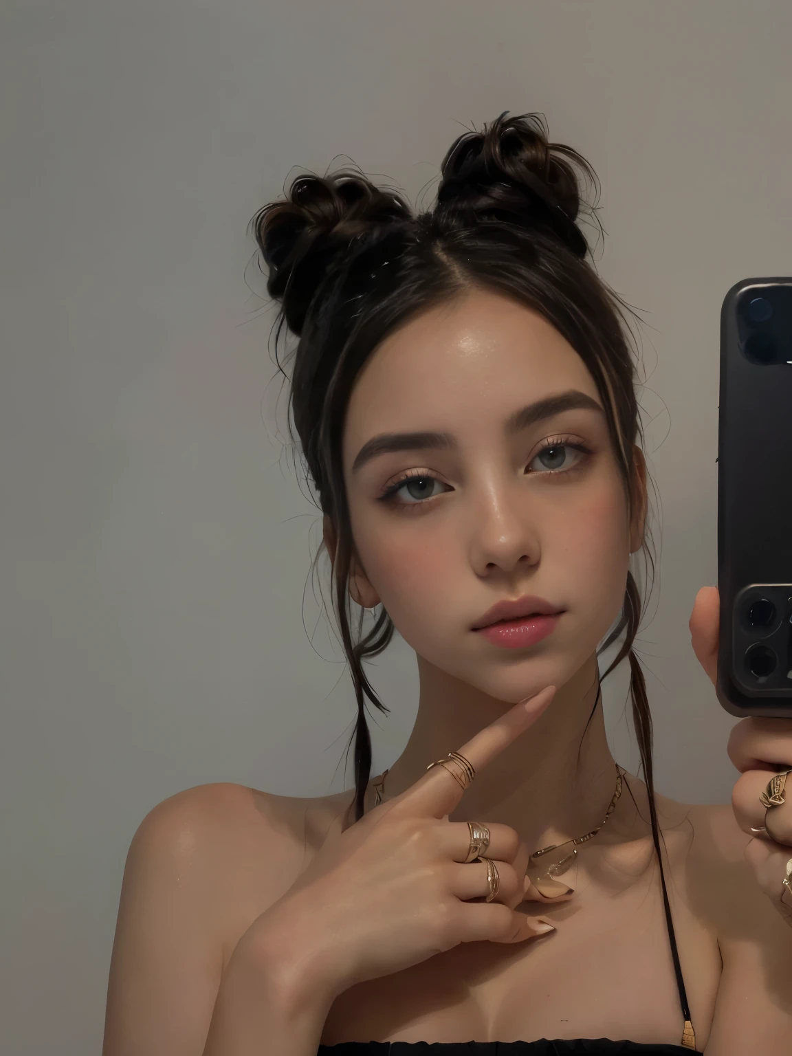 there is a woman holding a cell phone in front of her face, 24 years,girl portrait, woman with braided brown hair, brown hair in two buns, Girl with messy bun hairstyle, pigtails hairstyle, resplendent, Instagram Template, , Sexy face with full makeup