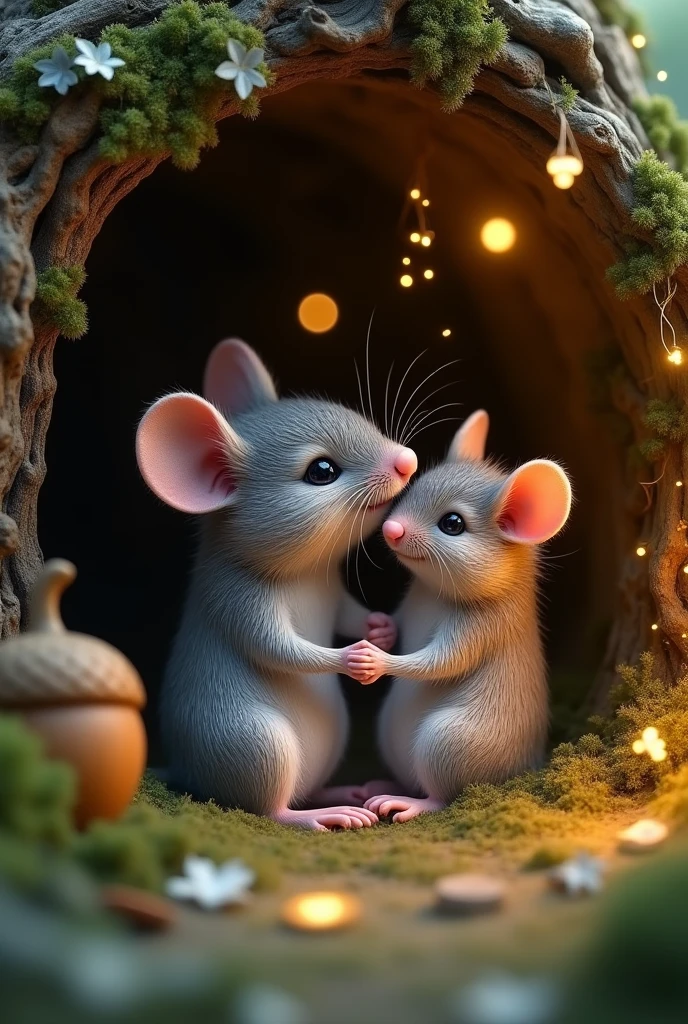 The mother mouse hugs her baby mouse.