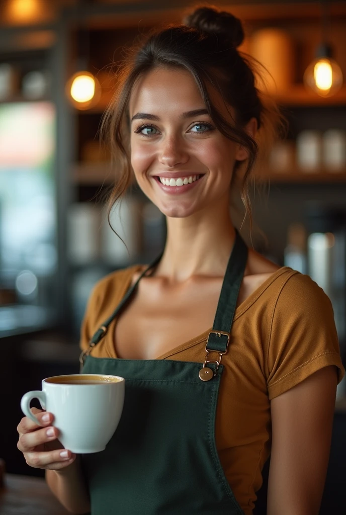 (high quality, best quality:1.3) , Extremely high-resolution, film grain, (a beautiful 28yo barysta serving coffee:1,3) , (perfect body:1.3) , extreme closeup, looking at camera, standing, extremely beautiful, (very hot and arousing:1.3) , 8k, stunning blue-gray eyes, (accurate proportions:1.5)