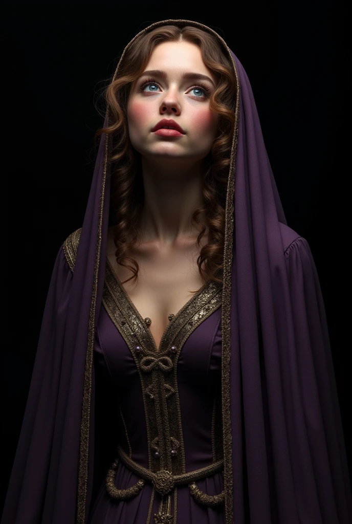 Photorealism、(black background!!!!!), Highest quality、Ultra-high resolution、The most beautiful lord of the rings young!!!!! 16!!!! year old arwen、(very extremely!!!!!! beautiful!!!!!!! highly detailed 16!!!!!!! year old young face)、tiny flat Breasts、thin .(Translucent white!!!!! skin!!!!!). german!!!!!, Big bright blue eyes. brown curly wavy hair. (she is looking up!!!!), (body half in shadow!!!!!!), ( beautiful detailed elf dark!!!!!_purple!!!!! gown!!!!! with golden details), (beautiful detailed dark!!!!!_purple!!!! veil!!!!!! over head with golden details and lots of folds!!!), (bright topdown!!!!!! light!!!!!), (dark shades!!!!!!), contrapposto!!!!!!!!!!!!!!!!!, (receding into the dark!!!!!!!!!!!!), lucious lips, chubby cheeks, babyface
