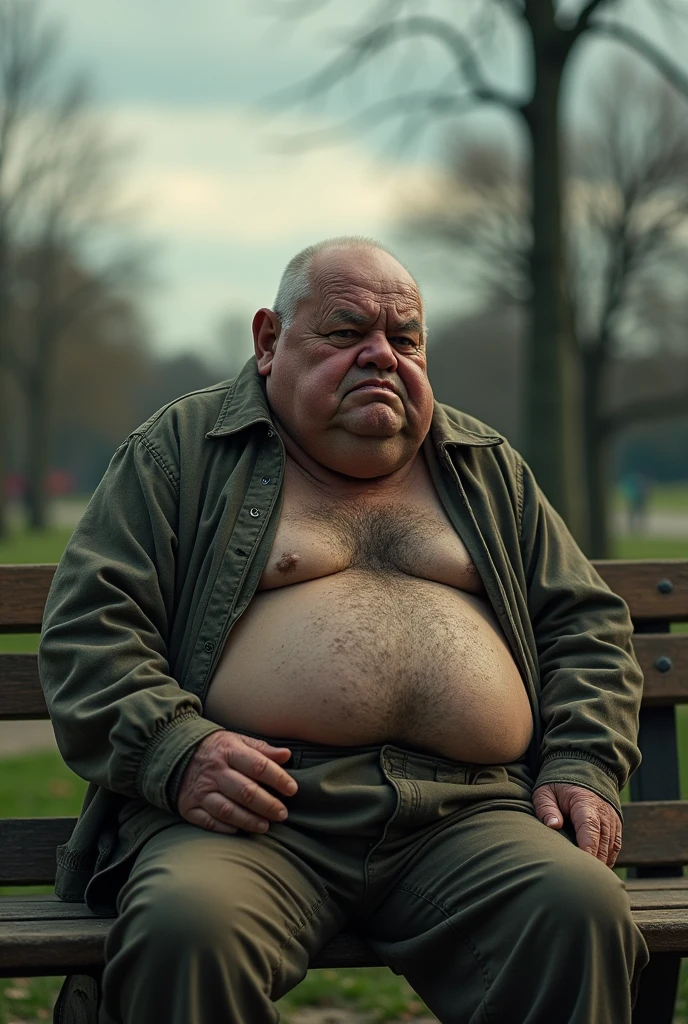 chubby ugly man, detailed face, detailed body, ugly old man, wrinkled skin, bald head, large nose, small eyes, detailed hands and fingers, dirty clothes, frowning expression, sitting on a bench, outdoor park setting, overcast sky, gloomy atmosphere, subtle warm lighting, photorealistic, 8k, highly detailed, realistic