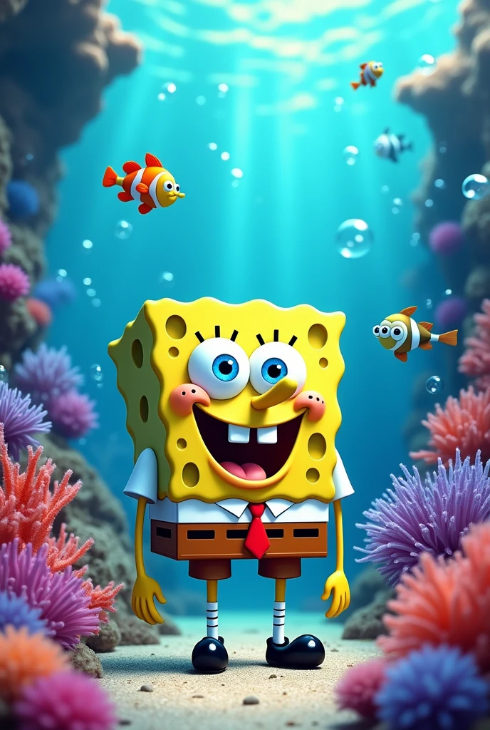 Draw Spongebob under the sea looking at the viewer 