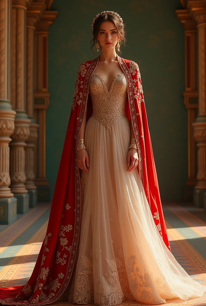 Create a Turkish princess-style dress with delicate embroidery and a queen-style cape. 