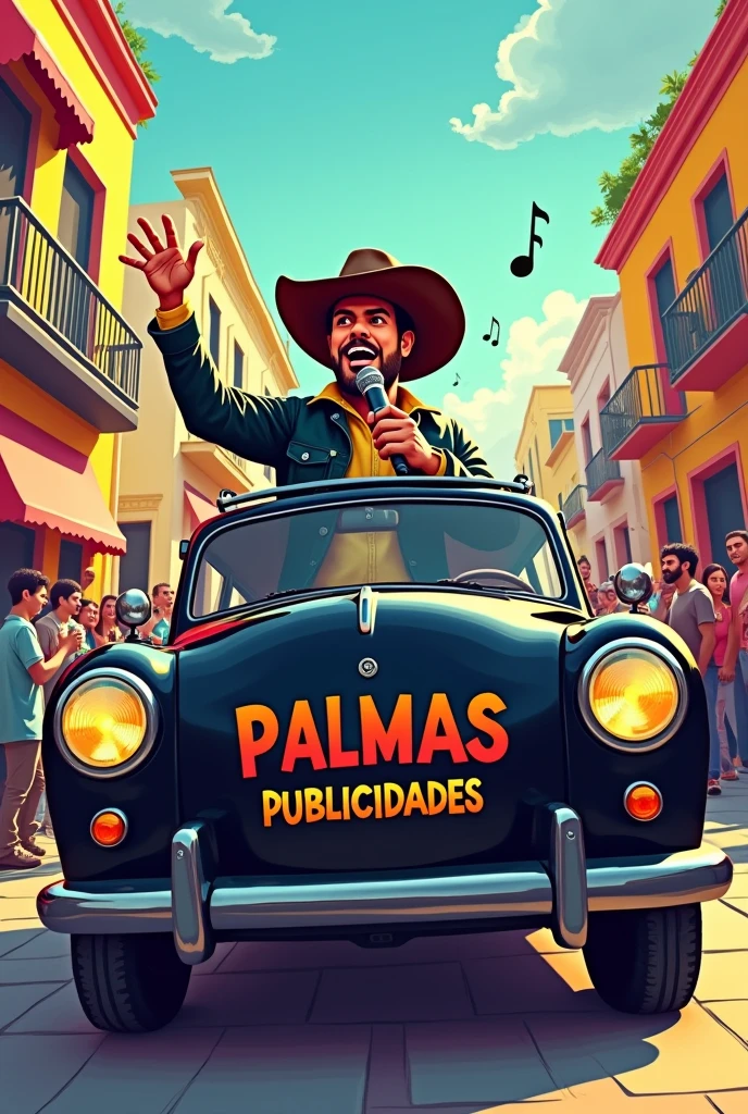BLACK SOUND CAR PROPAGANDA WITH NAME "PALMAS PUBLICIDADES" WITH ANNOUNCER HOLDING MICROPHONE AND WEARING A COWBOY HAT IN DRAWING