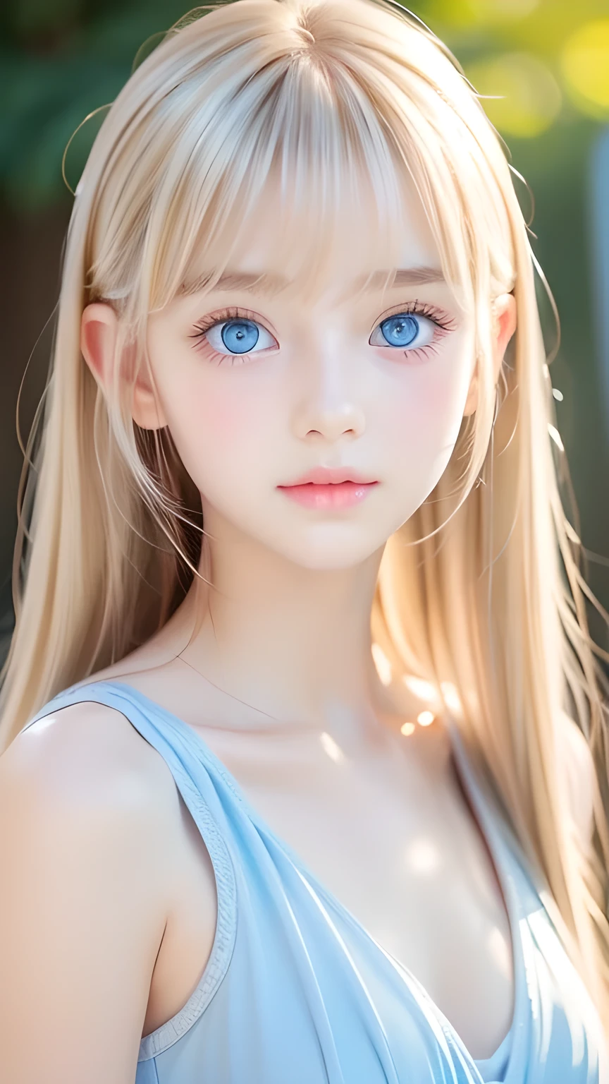 Portrait、、bright look、ponytail、bangs between eyes、bangs on the face、Young, shiny, white, glossy skin、gross face、cheek gloss highlight、best beauty、blonde reflection、Platinum blonde hair with dazzling highlights、shiny bright hair,、super long silky straight hair、Shining beautiful bangs、Attractive, beautifully shining, very bright, light blue eyes、very big eyes、Very beautiful nice cute 15 year old beautiful girl、rich bust、small face beauty、