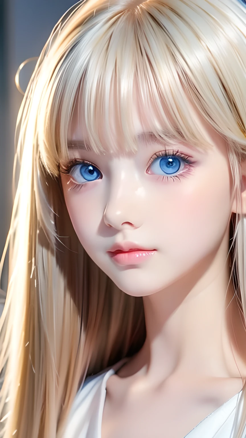 Portrait、、bright look、ponytail、bangs between eyes、bangs on the face、Young, shiny, white, glossy skin、gross face、cheek gloss highlight、best beauty、blonde reflection、Platinum blonde hair with dazzling highlights、shiny bright hair,、super long silky straight hair、Shining beautiful bangs、Attractive, beautifully shining, very bright, light blue eyes、very big eyes、Very beautiful nice cute beautiful girl、rich bust、small face beauty、
