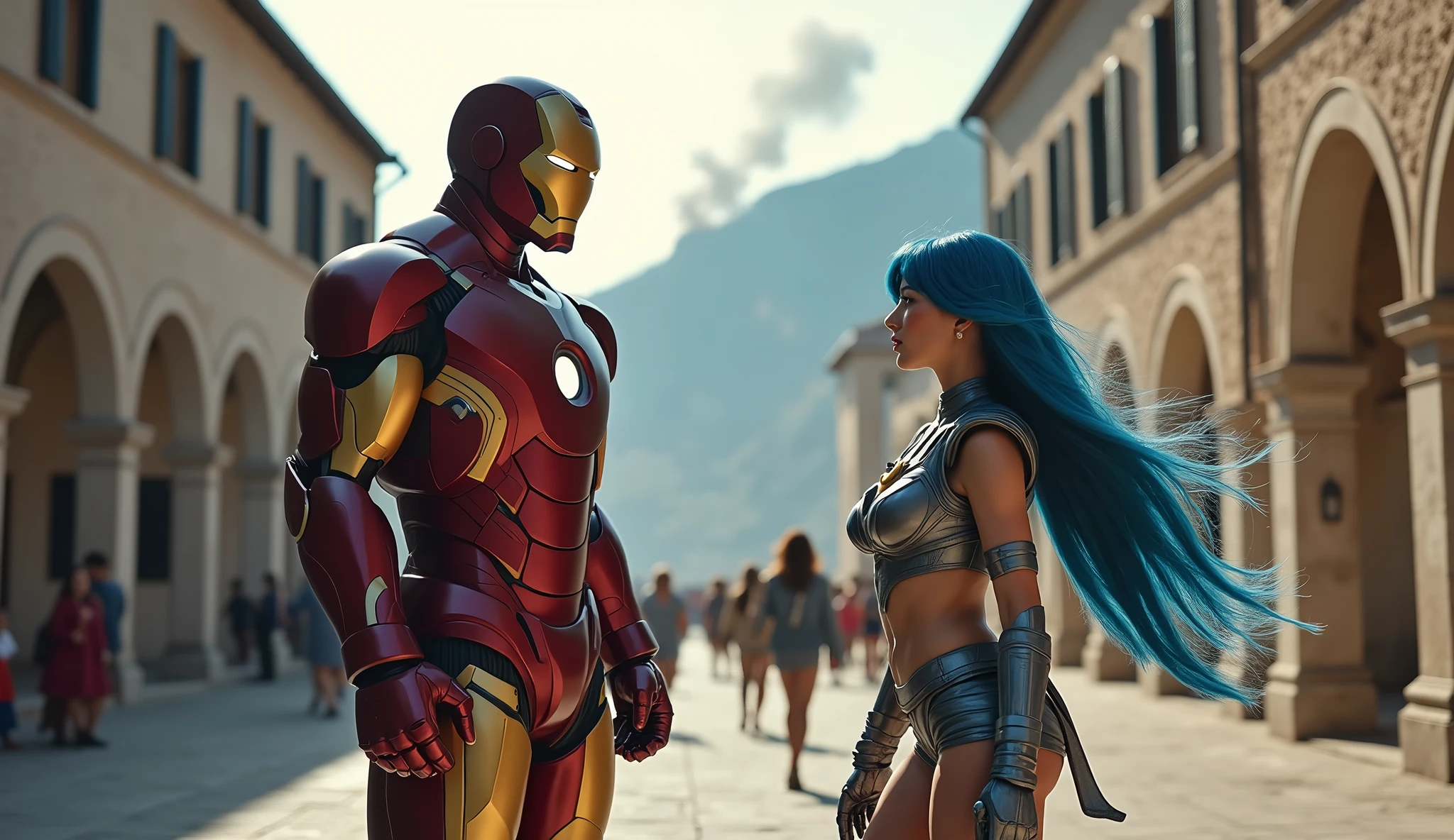 iron man on the montenegro old town area square (masterpiece), (best quality), realistic, cinematic light, Mizuno Ami, Sailor Mercury, stand, battlefield background, perfect body, blue hair, uniform