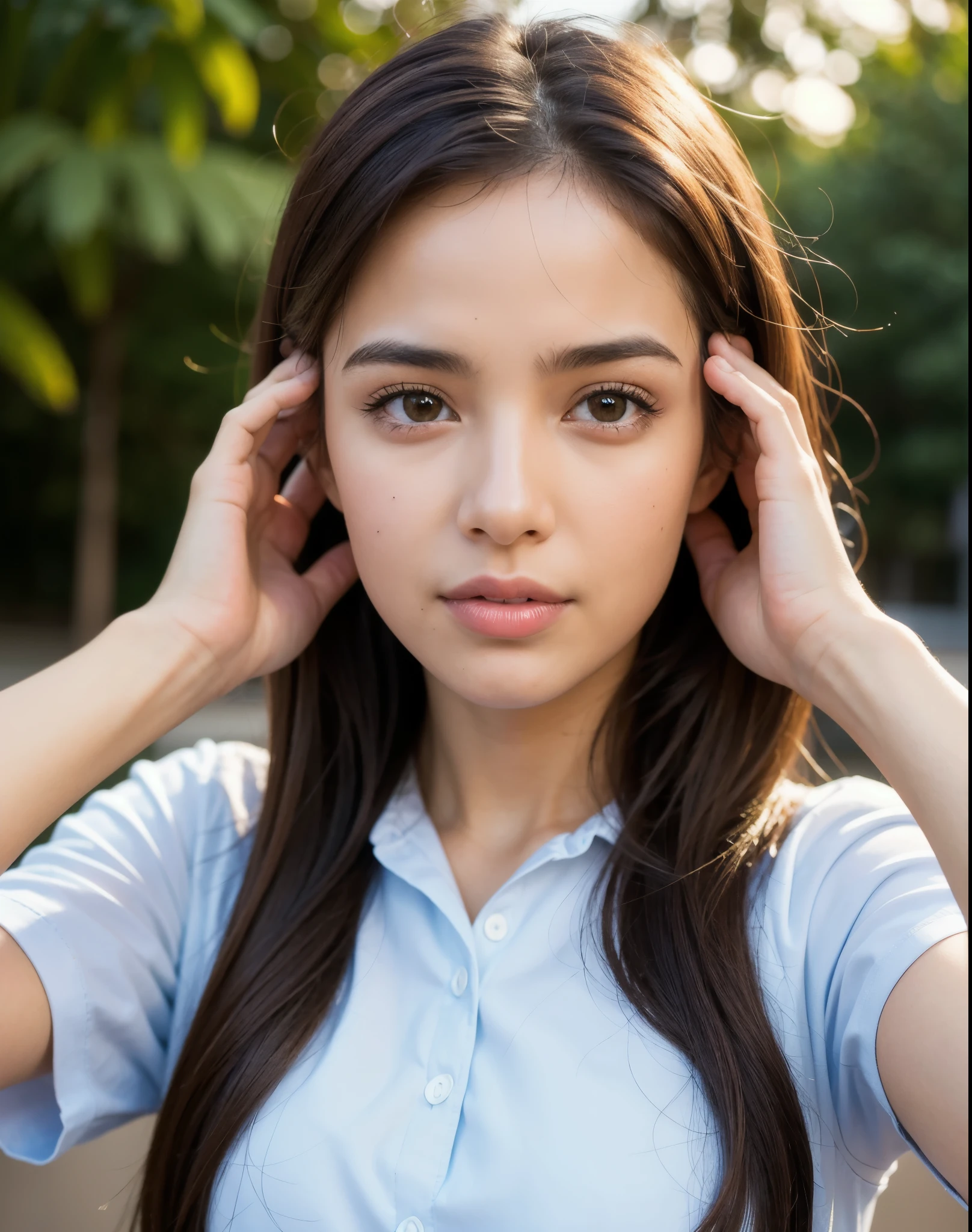 best qualityer, Facial Focus, smooth light, ultra high resolution, (photorrealistic:1.4), CRU photo,
1 Brazilian girl, WITH AGE, cute, (schoolboy, lights in the eyes), detailed gorgeous face, (smallbreast),(high resolution detail of human skin texture),
(long hair),
hinterland,
Barcelona Shirt Dress,
She is taking a selfie with her hands covering her face