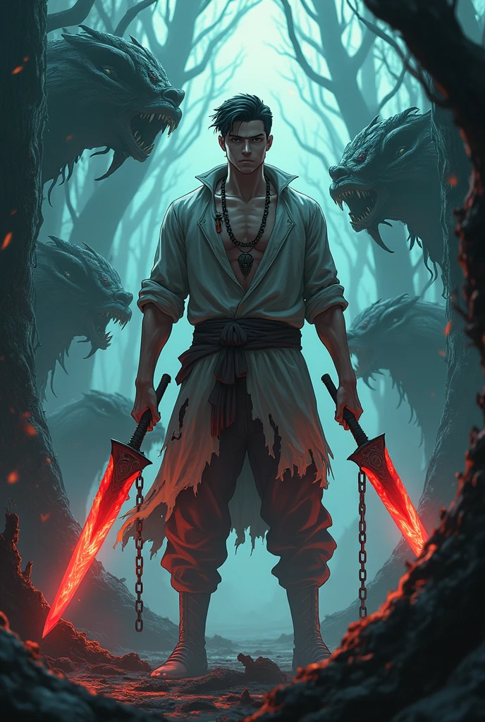 A very handsome man but he is wearing a torn and bloody prison outfit he has a chain around his neck it is broken he is holding the blades of Chaos and he is in another world where the Wendigos are attacking him and he is in a bizarre forest and this image has to be in anime