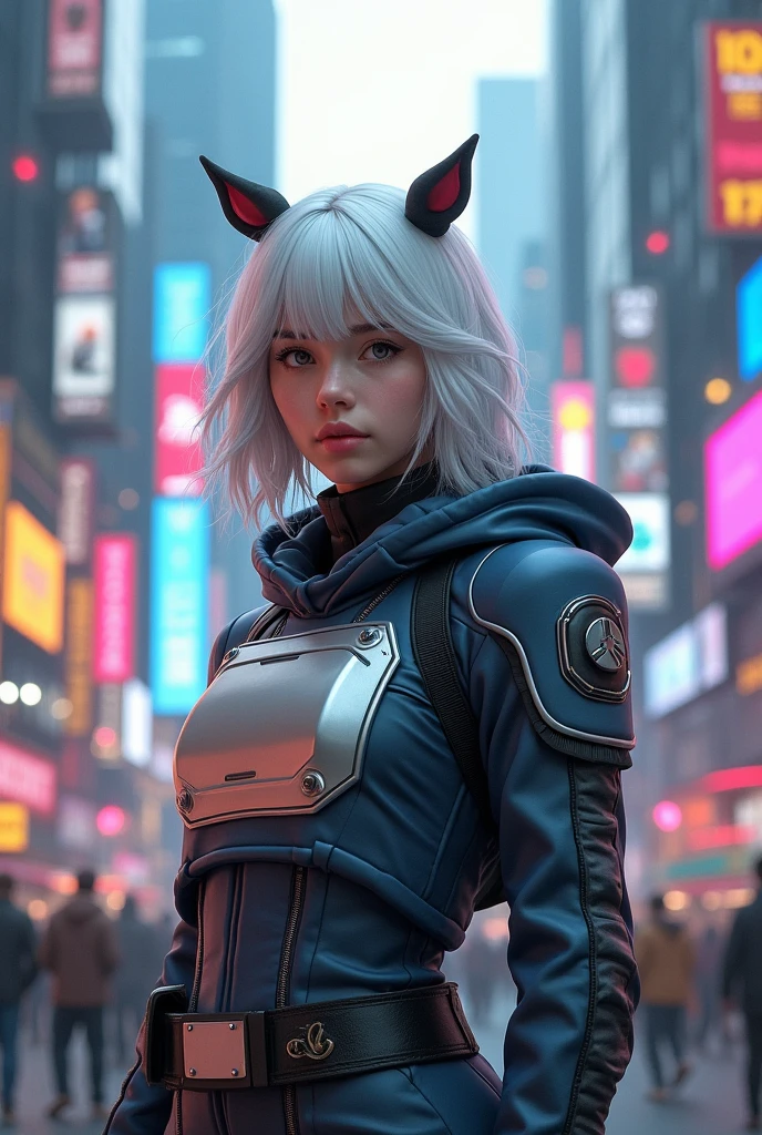 A young adult with medium length white hair with wavy ends, He wears a uniform with a metal plate on his chest where underneath all the clothes is a fabric and this clothes has a cartoon-style hood
