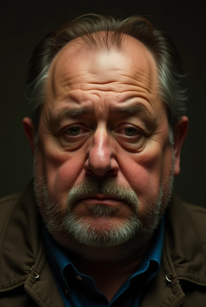 a chubby sad man, detailed portrait, closeup, realistic, photorealistic, highly detailed, oil painting, dramatic lighting, warm colors, melancholy, introspective expression, creased forehead, furrowed brows, downcast eyes, frown, double chin, soft skin texture, facial hair, wrinkles, dramatic shadows, moody atmosphere
