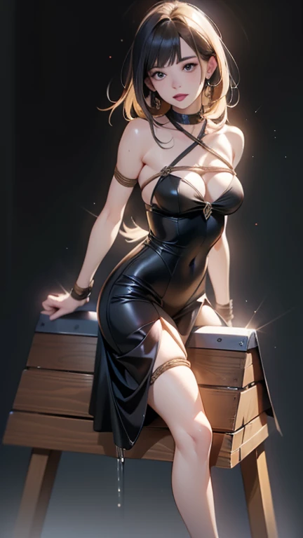 (Highly detailed CG Unity 8k), (Highest quality),(Very detailed),(Ultra-high resolution), 1 female, Young Face、white cloth gag, Rope Bondage, Bodycon Dress、breasts Rope Bondage, hands back Rope Bondage, leg Rope Bondage, thigh Rope Bondage, bust Rope Bondage, feet Rope Bondage, Put your arms behind your hips, Wrists tied, Tie your ankles, The rocking horse is too high for my feet to reach., (Her feet are on a rocking horse:1.4), Crying face,BDSM、(Blood dripping from the crotch)、(Pee)