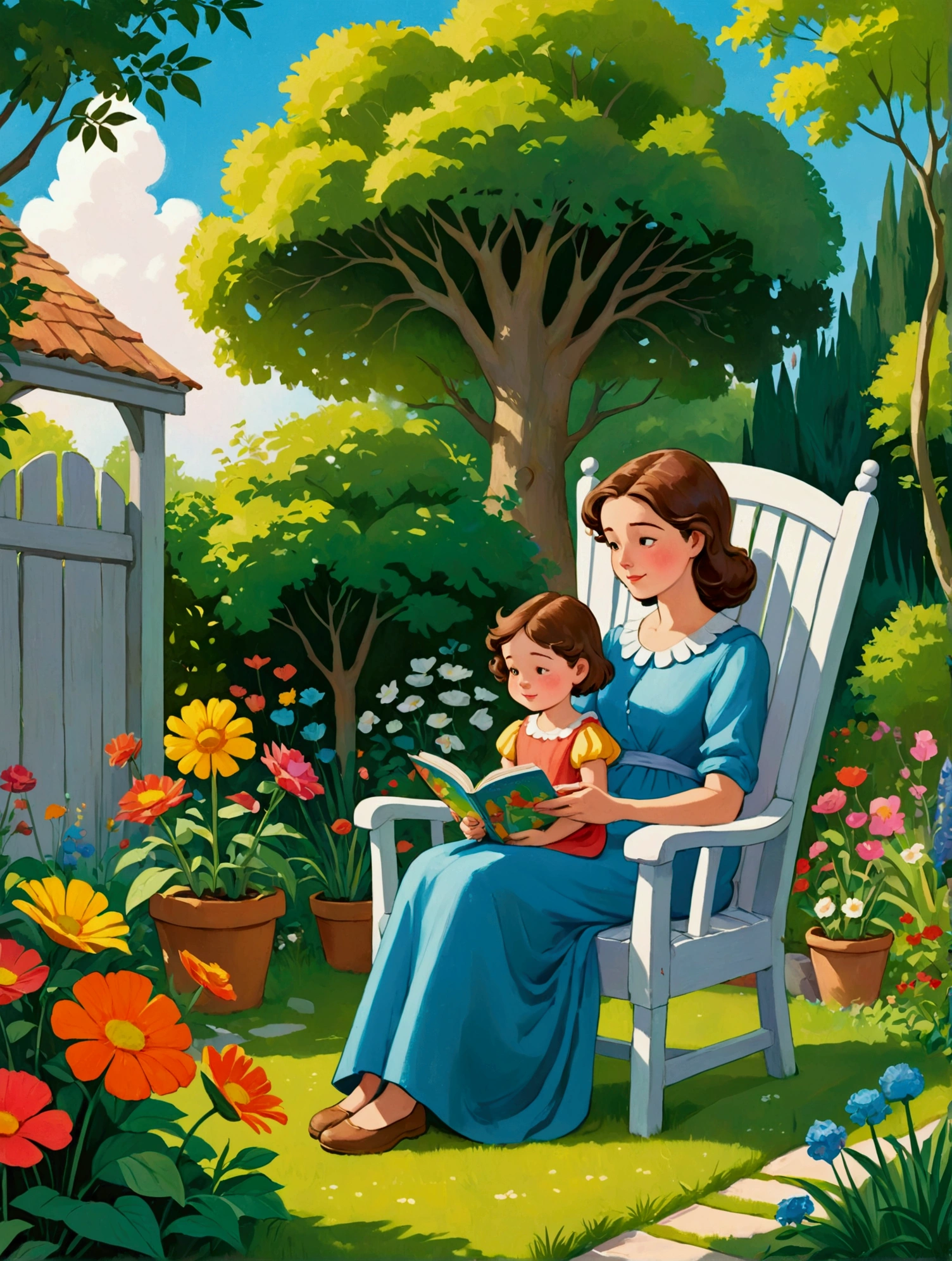 painting of a woman and child sitting in a chair in a garden, children book illustration, children's book illustration, children’s book illustration, story book illustration, colorful kids book illustration, storybook illustation, children's illustration, childrenbook illustration, illustration for children, childrens book illustration, storybook illustration, a storybook illustration, a beautiful artwork illustration