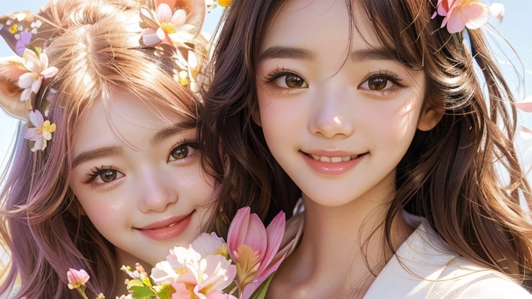A girl with flowers on her face and a giraffe with a flower on its face, Flowers on cheeks, Kawaii realistic portrait, Realistic cute girl, Flower-faced girl, Beautiful digital artwork, Stunningly realistic facial portraits, Beautiful smile, Cherry blossom petals surround her, Cute numbers, guweiz style artwork, beautiful and smiling, Smiling sweetly,Clear facial features,Real People,masterpiece